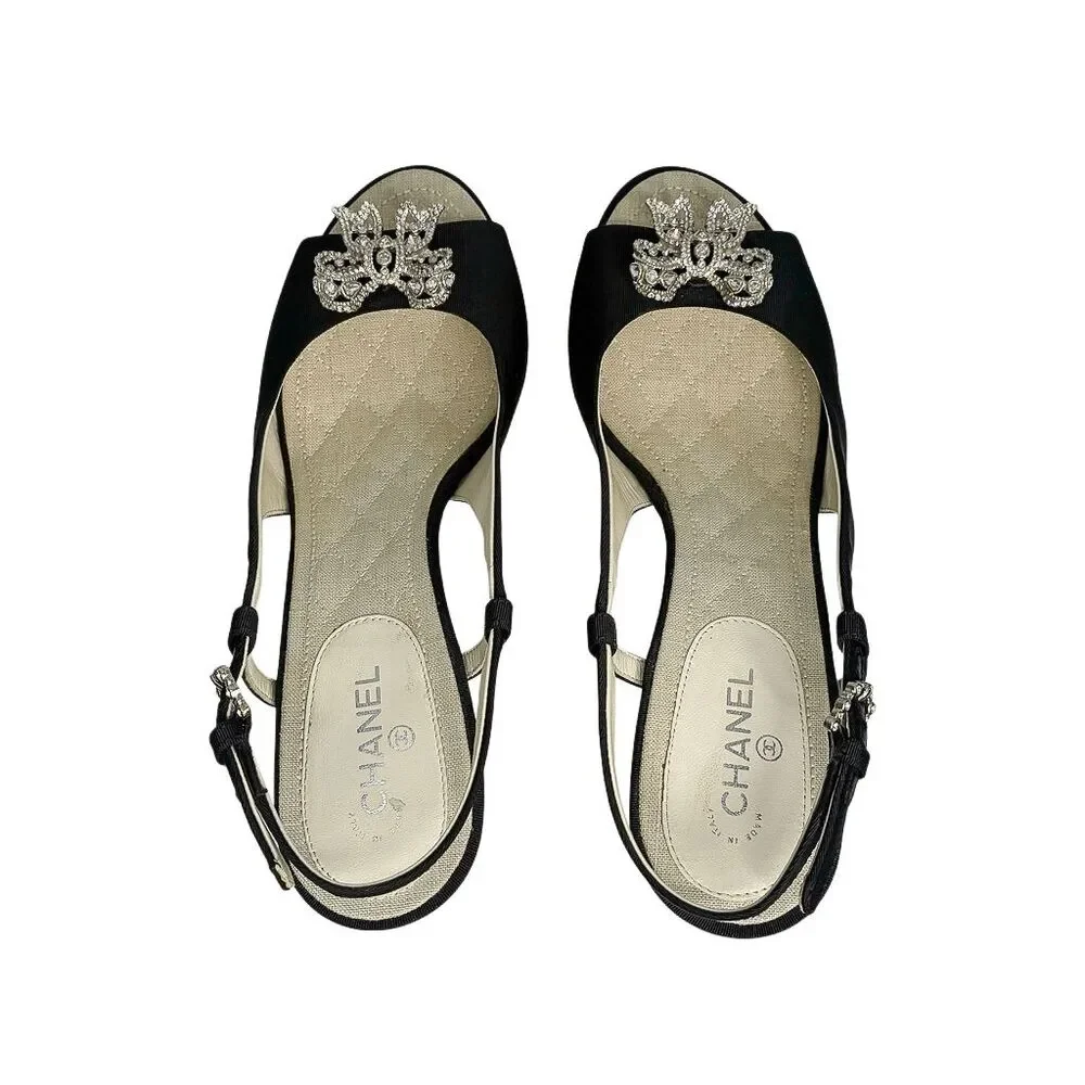 Chanel Slingback Sandal Grosgrain Crystal CC Logo Bow Heels EU 38 Black Peep Toe - Picture 4 of 12